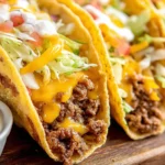 A platter of Beef Smash Burger Tacos served on a rustic wooden board with fresh lettuce, tomatoes, and a special sauce, perfect for summer dinner.