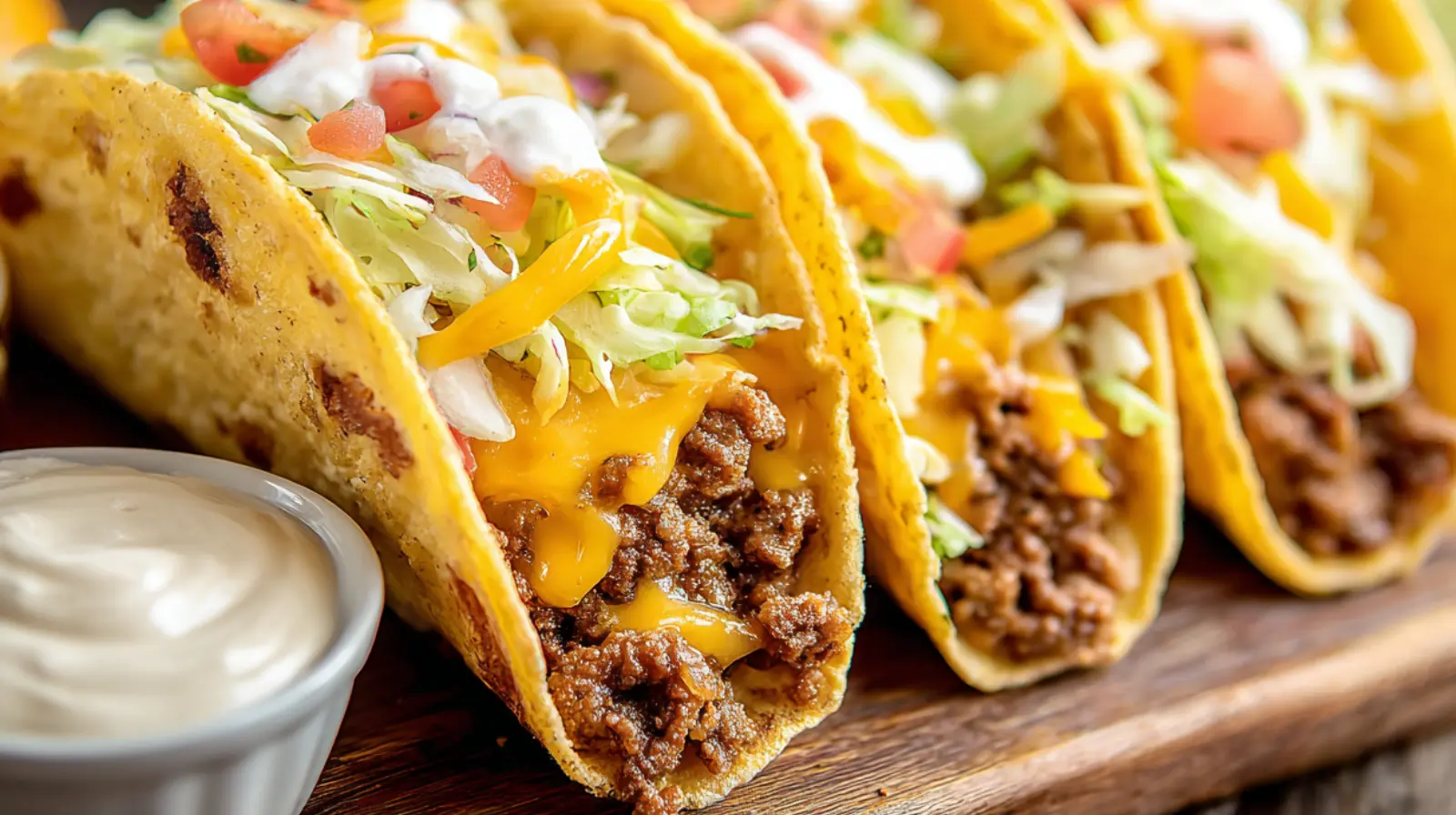 A platter of Beef Smash Burger Tacos served on a rustic wooden board with fresh lettuce, tomatoes, and a special sauce, perfect for summer dinner.