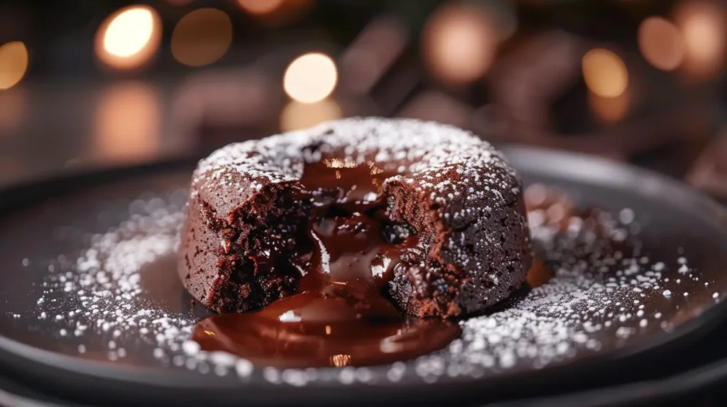 Molten Chocolate Lava Cake cracked open with warm molten center flowing onto a dark plate and powdered sugar.