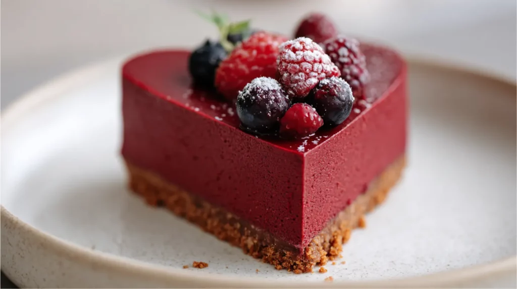 No-bake red velvet heart cheesecake with smooth cream cheese filling and speculoos cookie base, topped with fresh berries