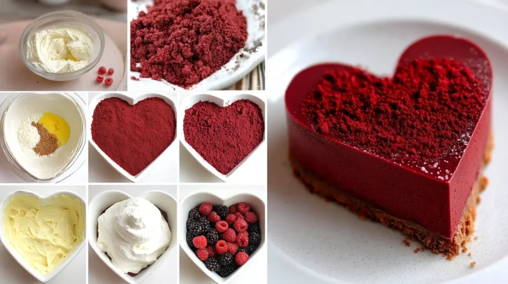 Red Velvet Heart Cheesecake Using a No-Bake Cream Balance Method 5 Step by step collage showing how to make a no-bake red velvet heart cheesecake from cookie base to finished dessert