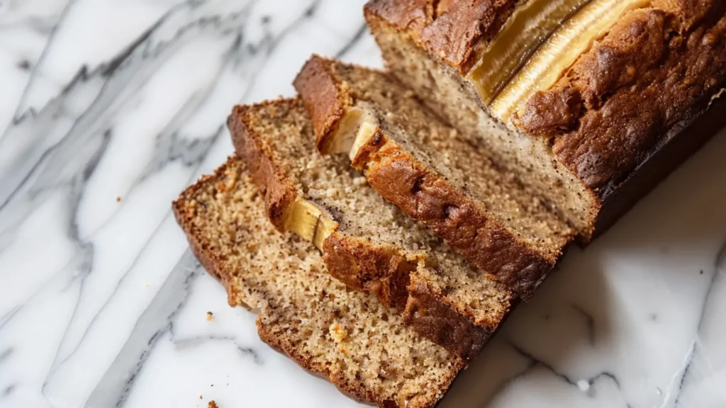 Banana Ribbon Loaf with Cultured Milk showing a structured crumb and subtle internal ribbon