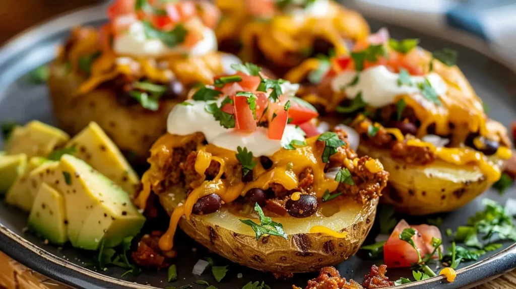 Cheesy taco potatoes with beef, cheese, and toppings
