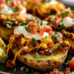 Cheesy taco potatoes with beef, cheese, and toppings