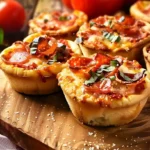 pizza cupcakes with melted cheese and turkey pepperoni on wooden board