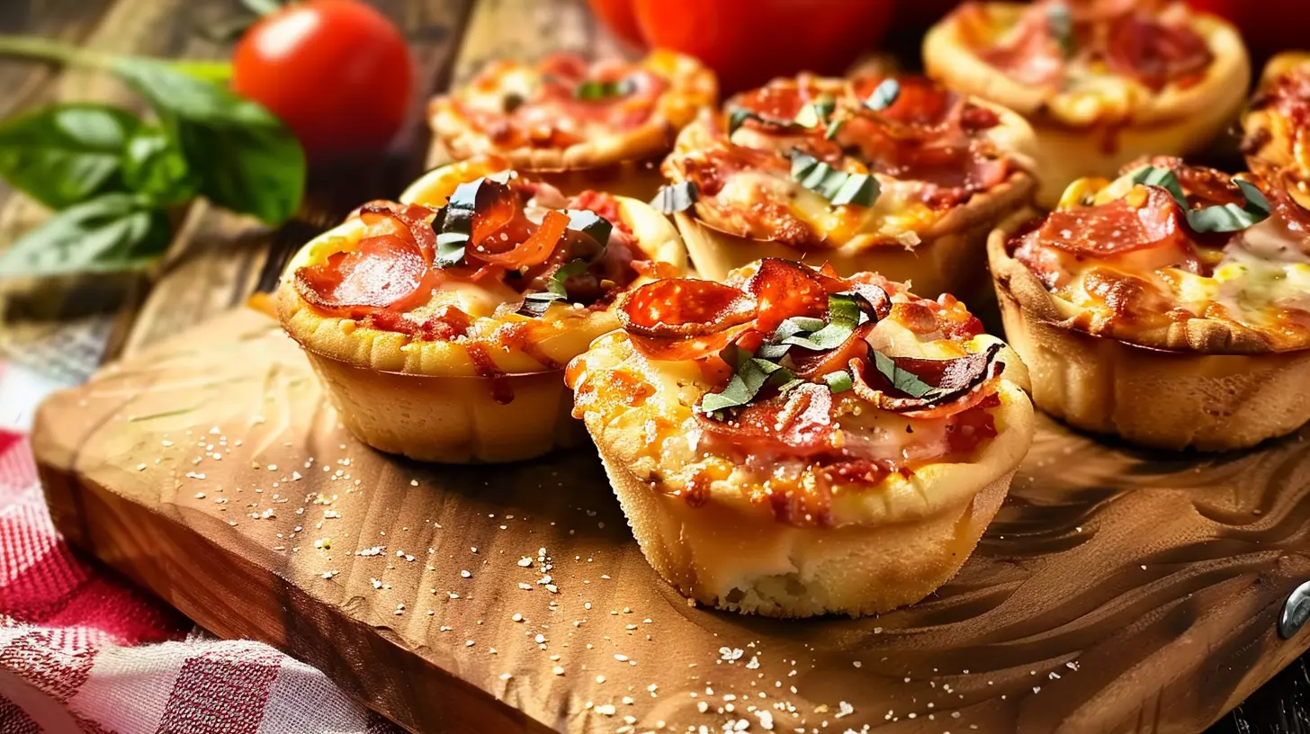 pizza cupcakes with melted cheese and turkey pepperoni on wooden board