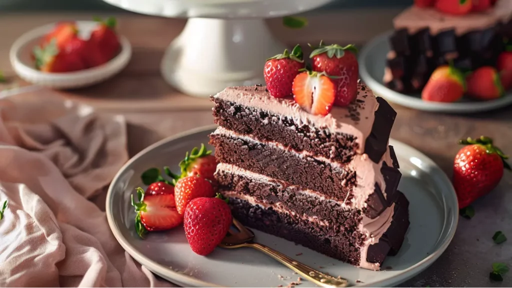 Strawberry chocolate cake with ganache and fresh strawberries