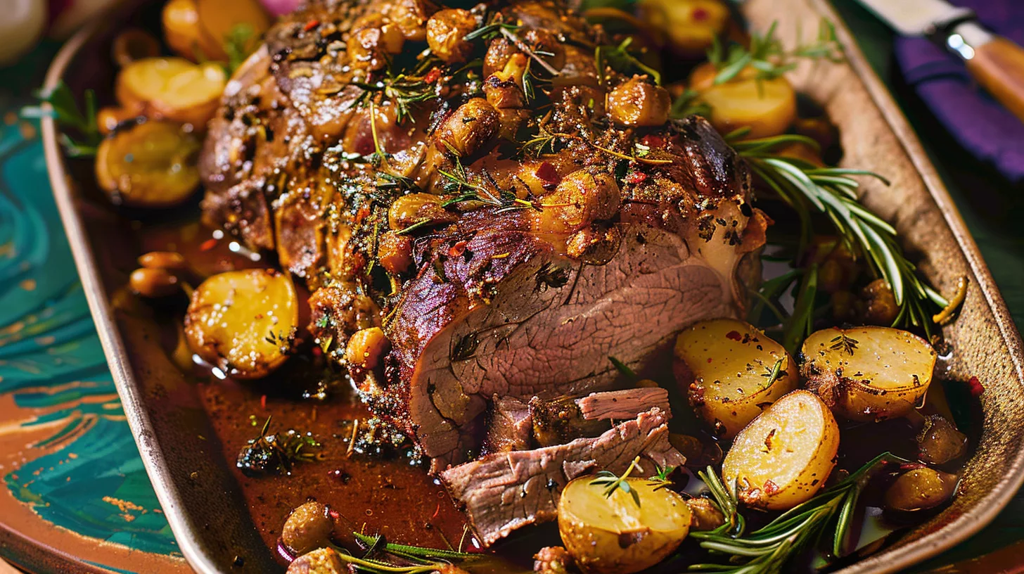 Boneless leg of lamb slow cooker or oven braised served tender with herbs