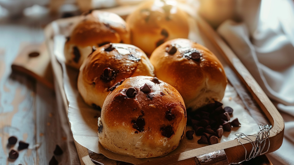 Chocolate Chip Japanese Milk Buns arranged on a cooling rack showing golden crust and soft texture