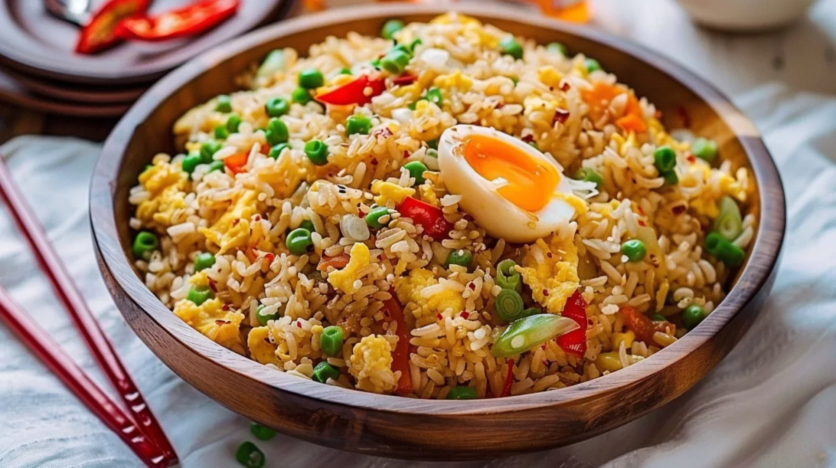 Spicy Egg Fried Rice with eggs, peas, peppers, and scallions